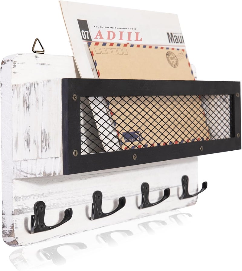 ADIIL Mail and Key Holder for Wall Decorative, Wooden Wall Mount Key Rack Hanger Organizer with 4 Double Key Hooks, Rustic Home Decor for Entryway Hallway, White - Image 1